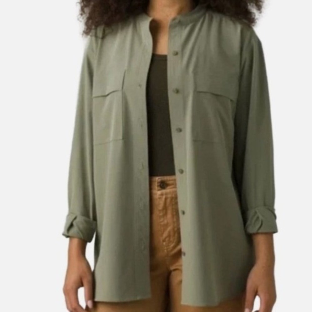 prAna Railay Tunic Women Large Sage Green New UPF 50+ Stretch Button Up Shirt